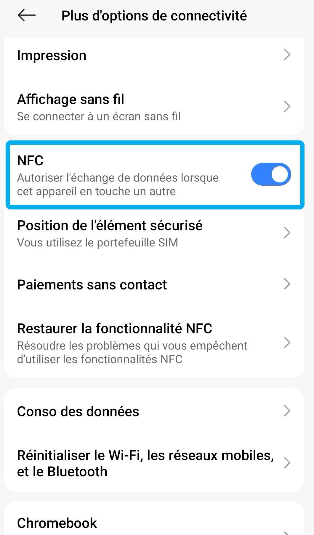 Tutoriel : montre la page de réglage du NFC sur un smartphone.