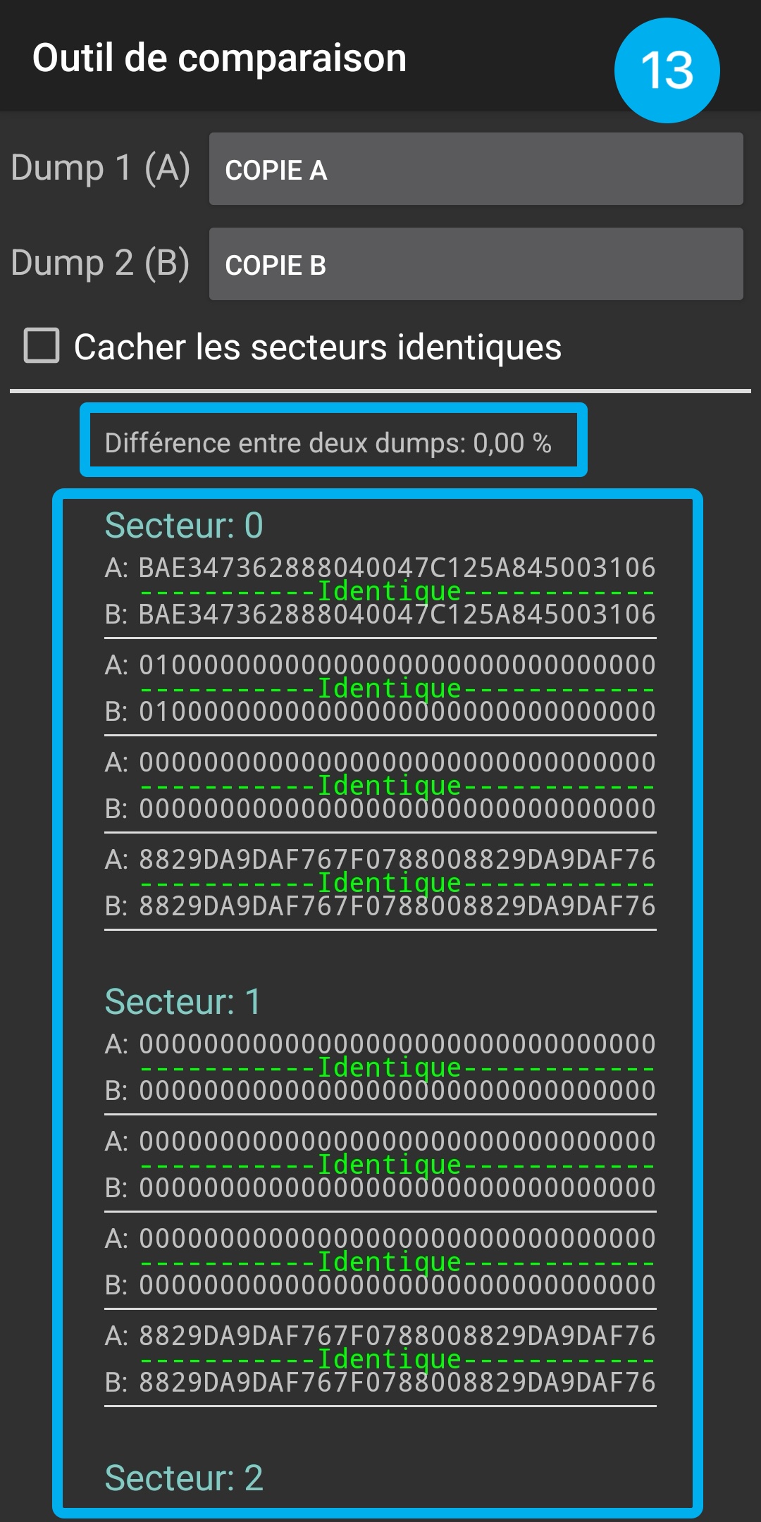 Tutoriel en image : montre comment vérifier la protection d'un dump de son badge dans l'application MCT.