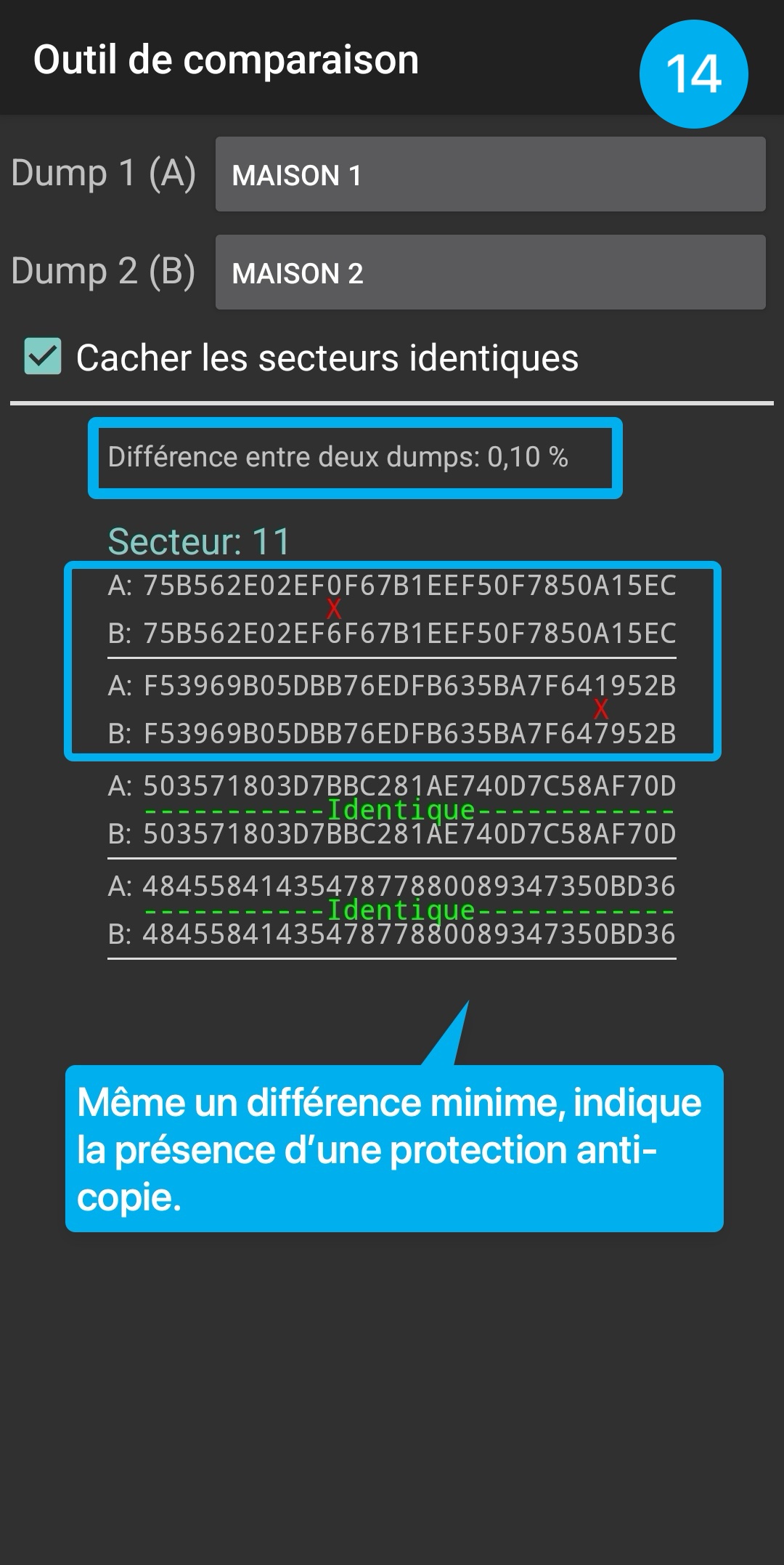 Tutoriel en image : montre comment vérifier la protection d'un dump de son badge dans l'application MCT.