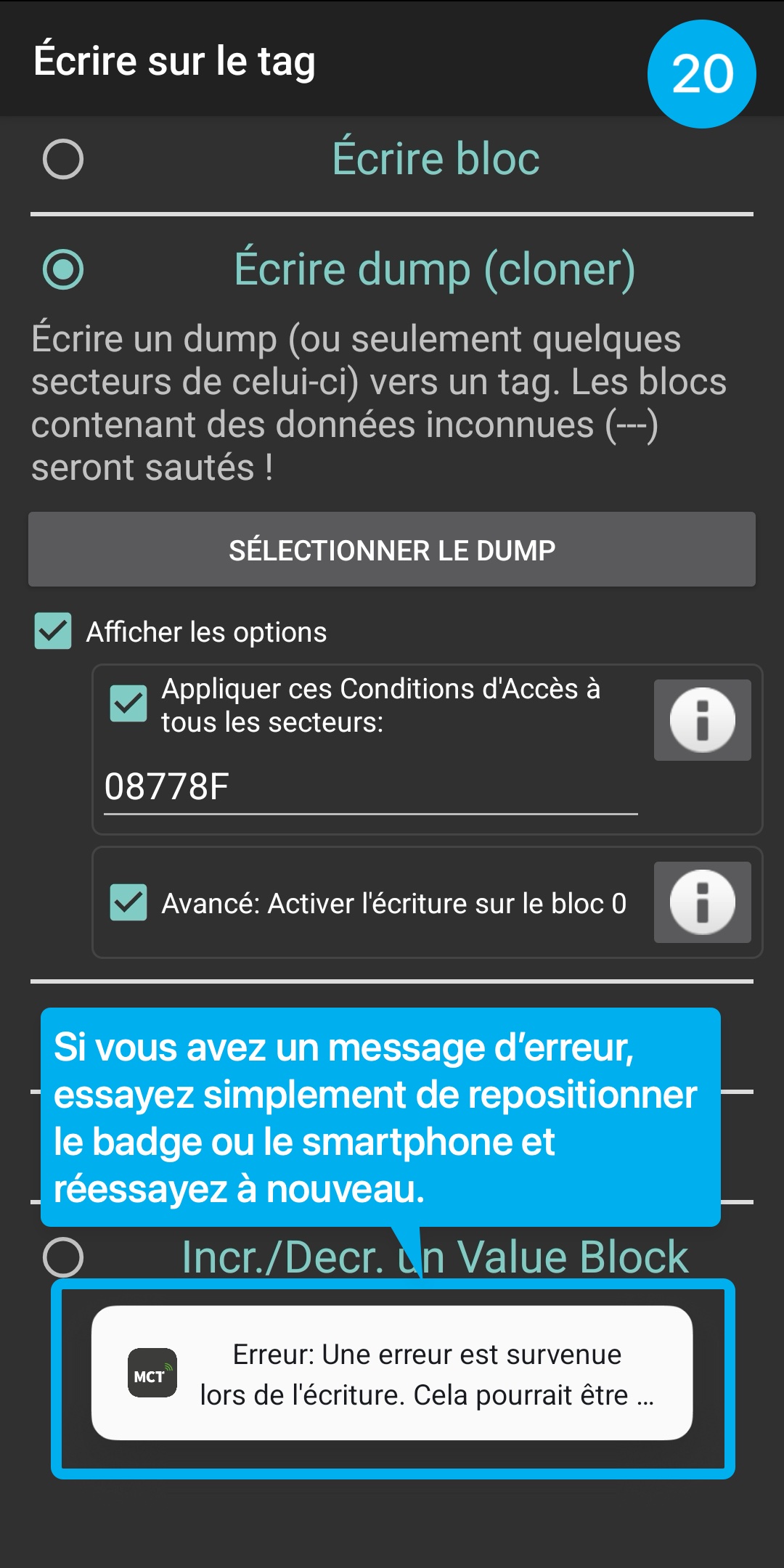 Tutoriel en image : montre comment copier son badge d'immeuble dans l'application MCT.