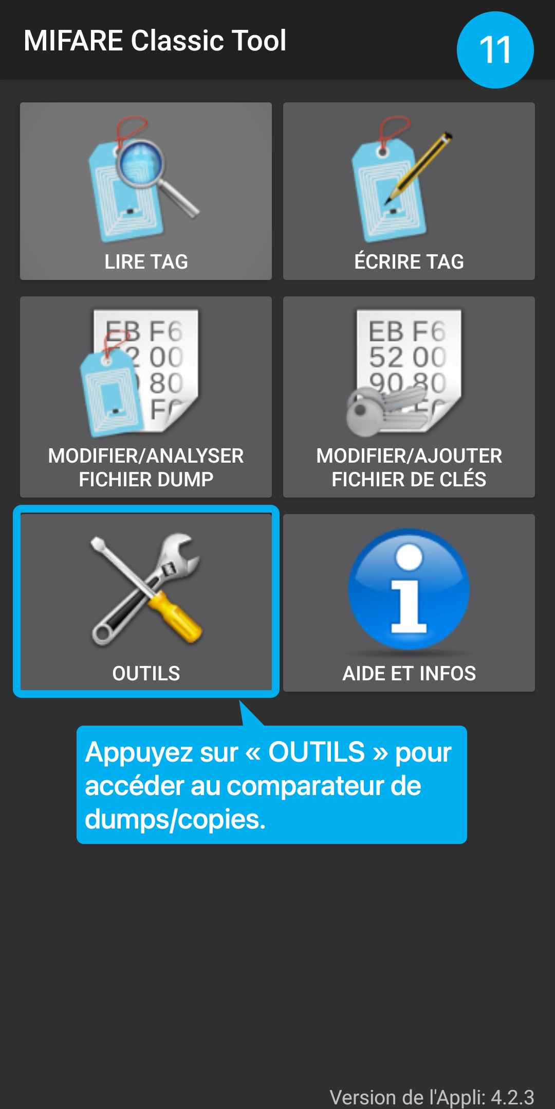 Tutoriel en image : montre comment vérifier la protection d'un dump de son badge dans l'application MCT.