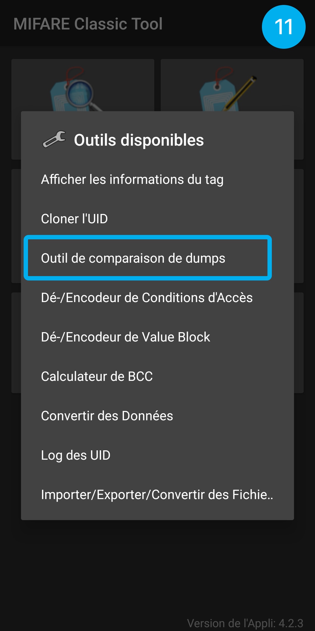 Tutoriel en image : montre comment vérifier la protection d'un dump de son badge dans l'application MCT.