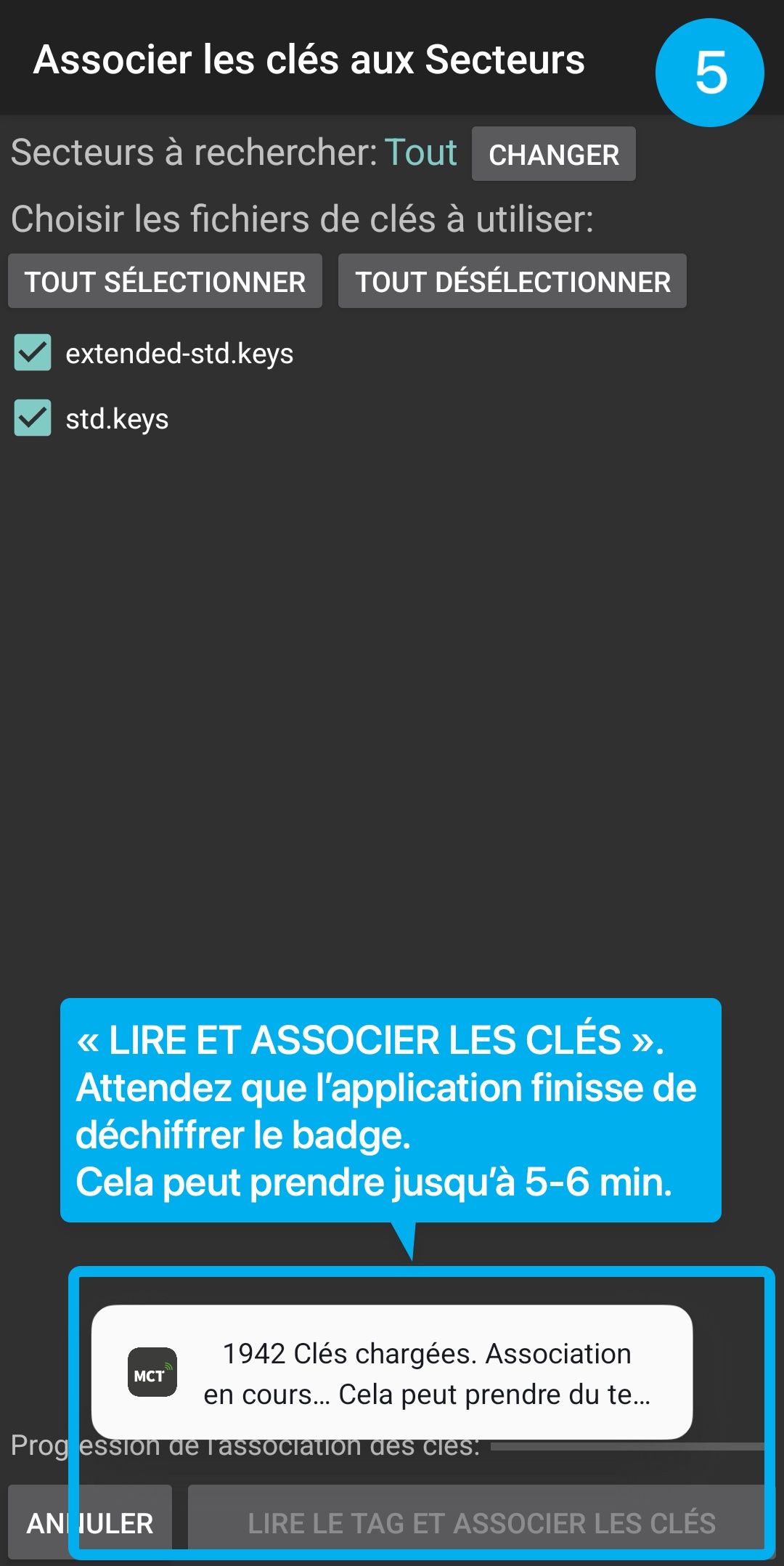 Tutoriel en image : montre comment lire les informations de son badge dans l'application MCT.