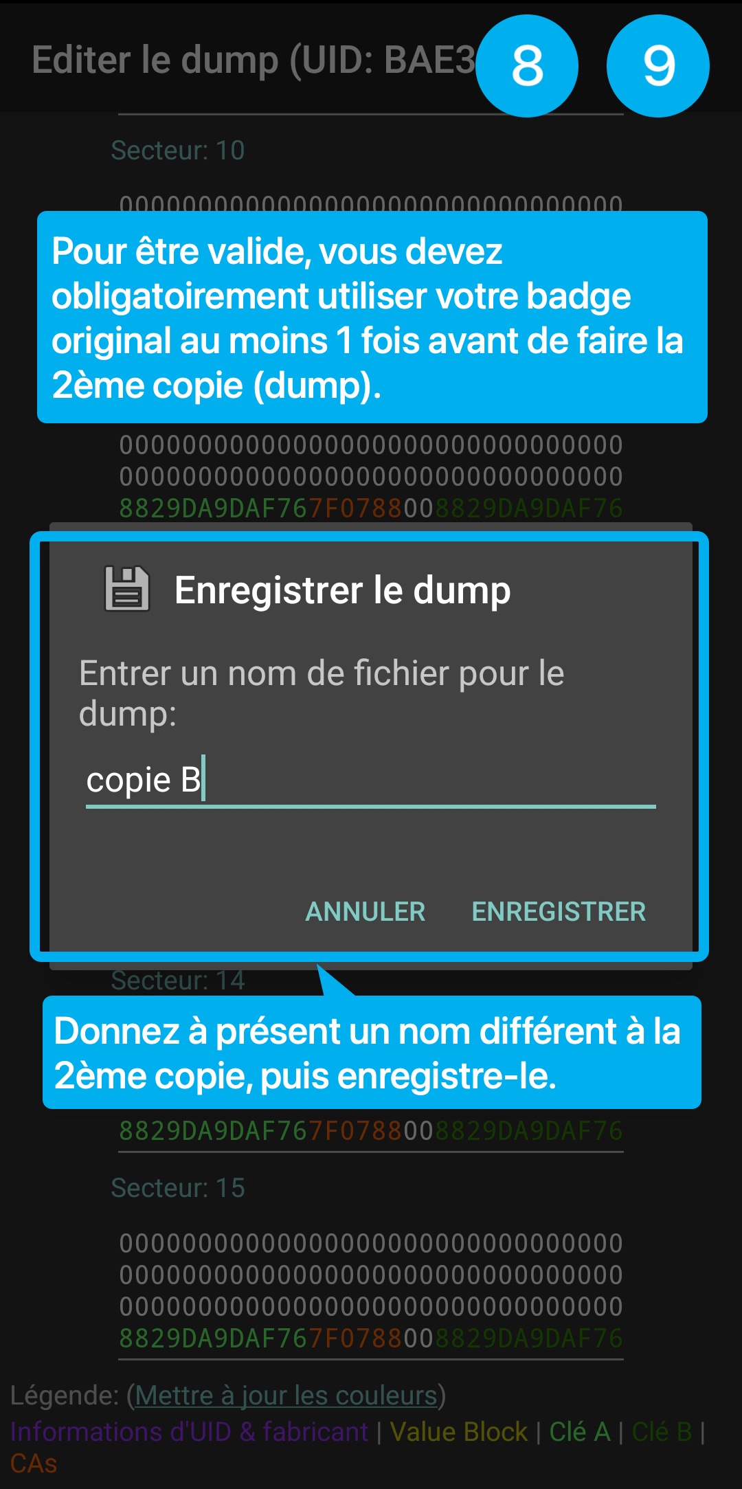 Tutoriel en image : montre comment enregistrer un dump de son badge dans l'application MCT.